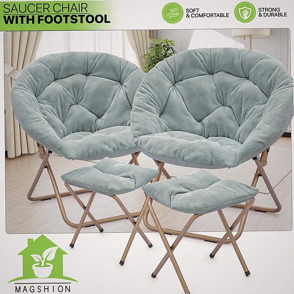 2 Piece Foldable Soft Faux Fur Saucer Chair Modern Accent Chair w/Footrest Stool