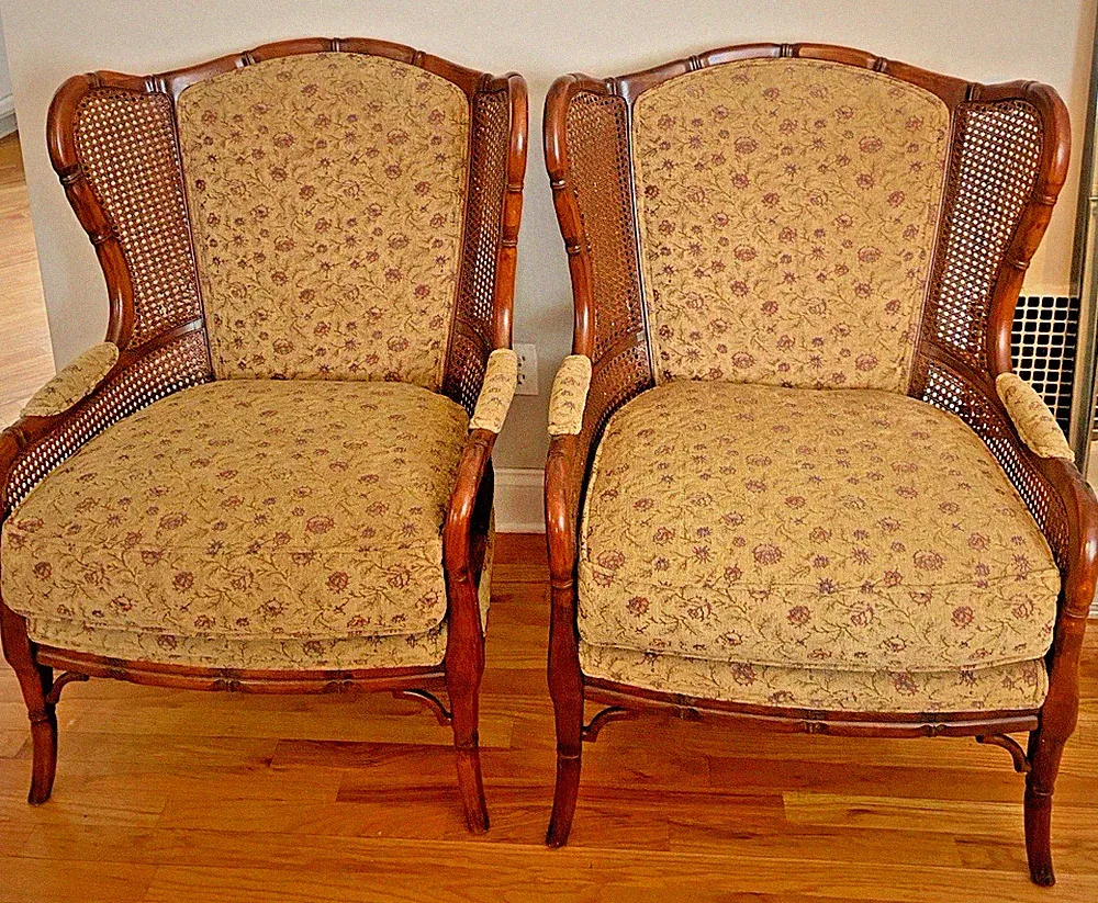 2 Vintage Ethan Allen Faux Bamboo Cane Living Room Lounge Chair Italian Regency