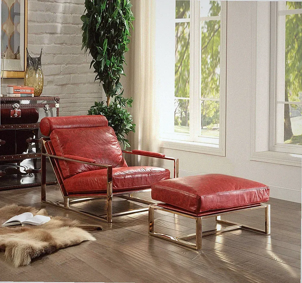29 Red And Gold Top Grain Leather Lounge Chair With Ottoman