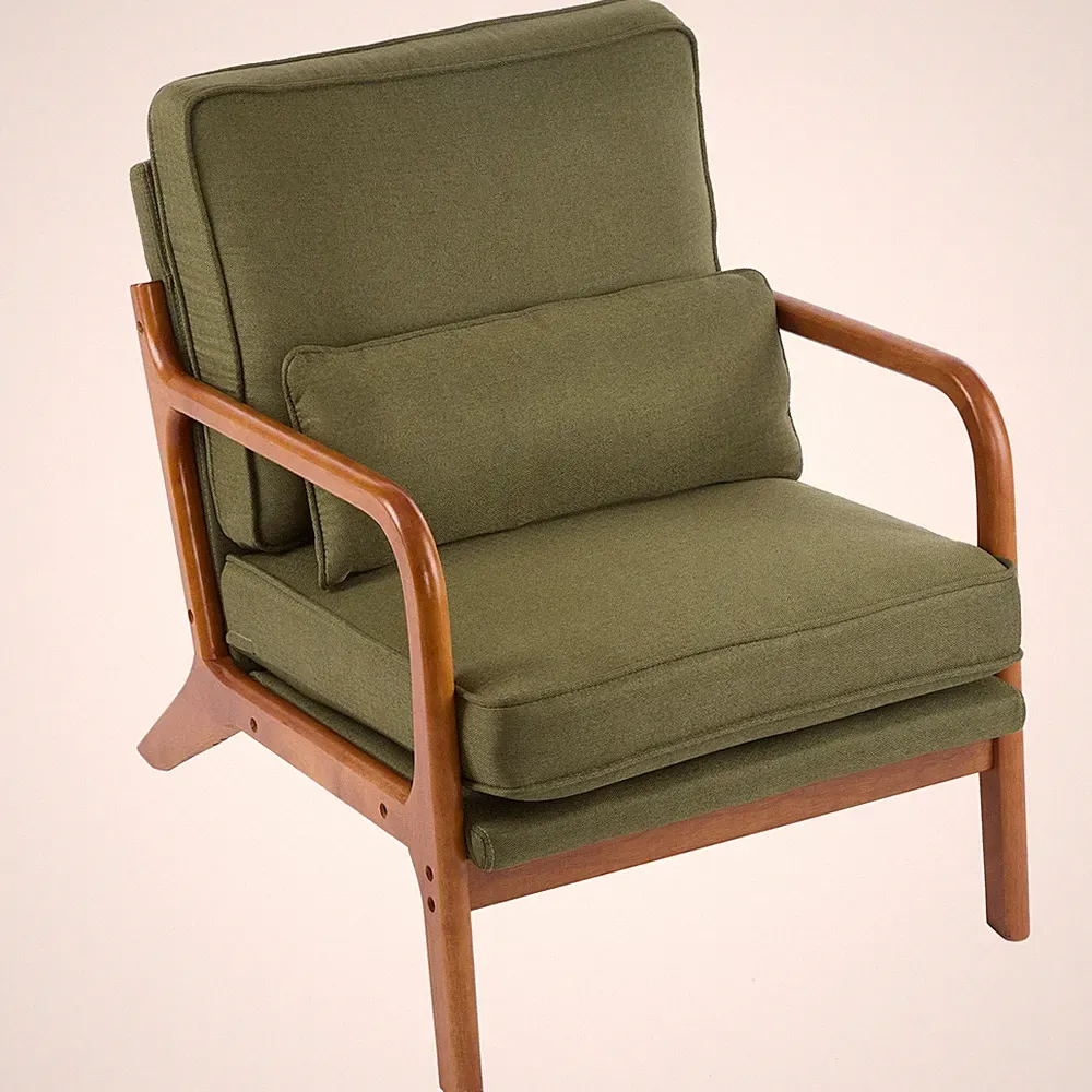 3 Colors Chenille Accent Chair W/ Lumbar Pillow Rattan Arms Oak Lounge Armrests
