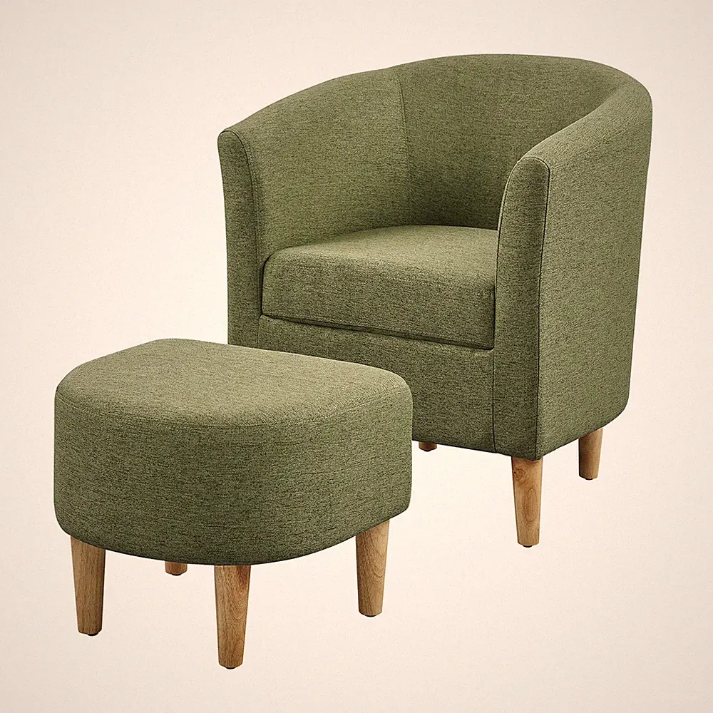 Accent Armchair Linen Blend/ Faux Leather Upholstered Sofa Arched Back W/ottoman