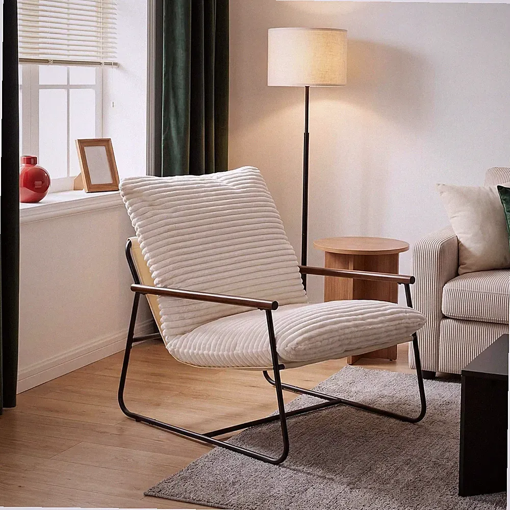 Accent Chair for Living Room, Modern Ribbed Upholstered Armchair with Wood Arms