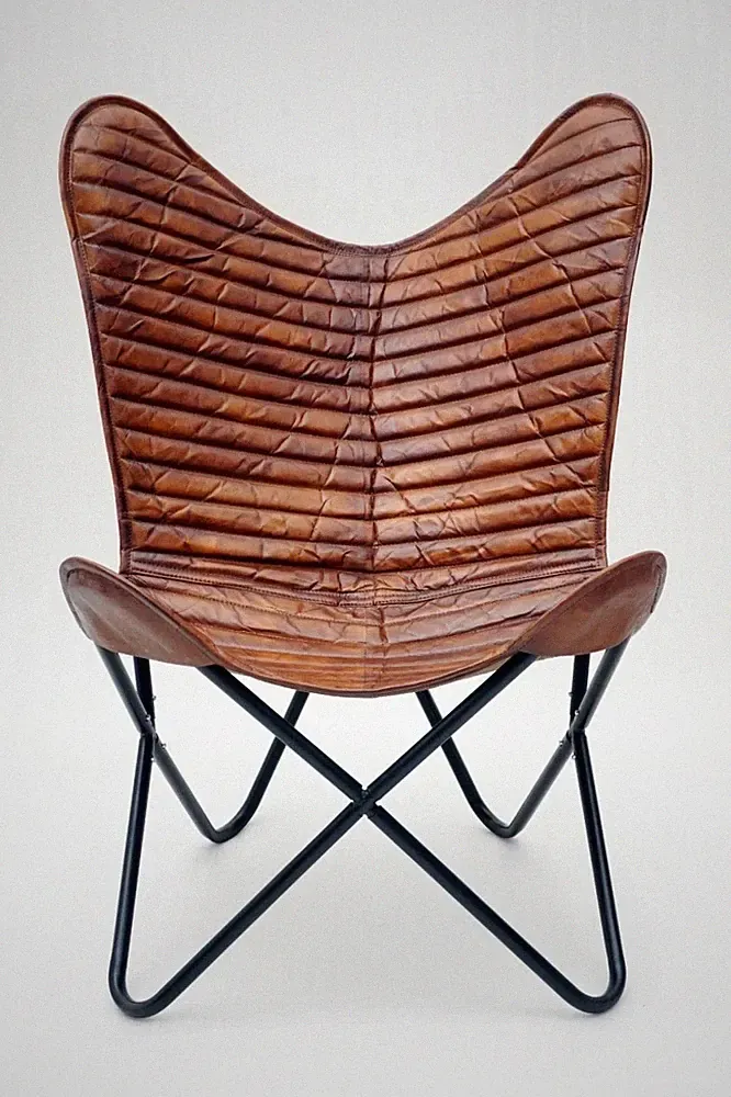 Antique Leather Padded Butterfly Lounge Accent Chair With Iron Frame Folding