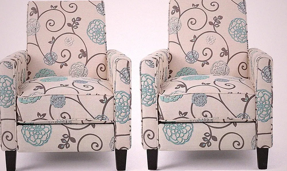 Emmie Fabric Recliner (Set of 2), Light Beige with Blue Floral, Dark Brown