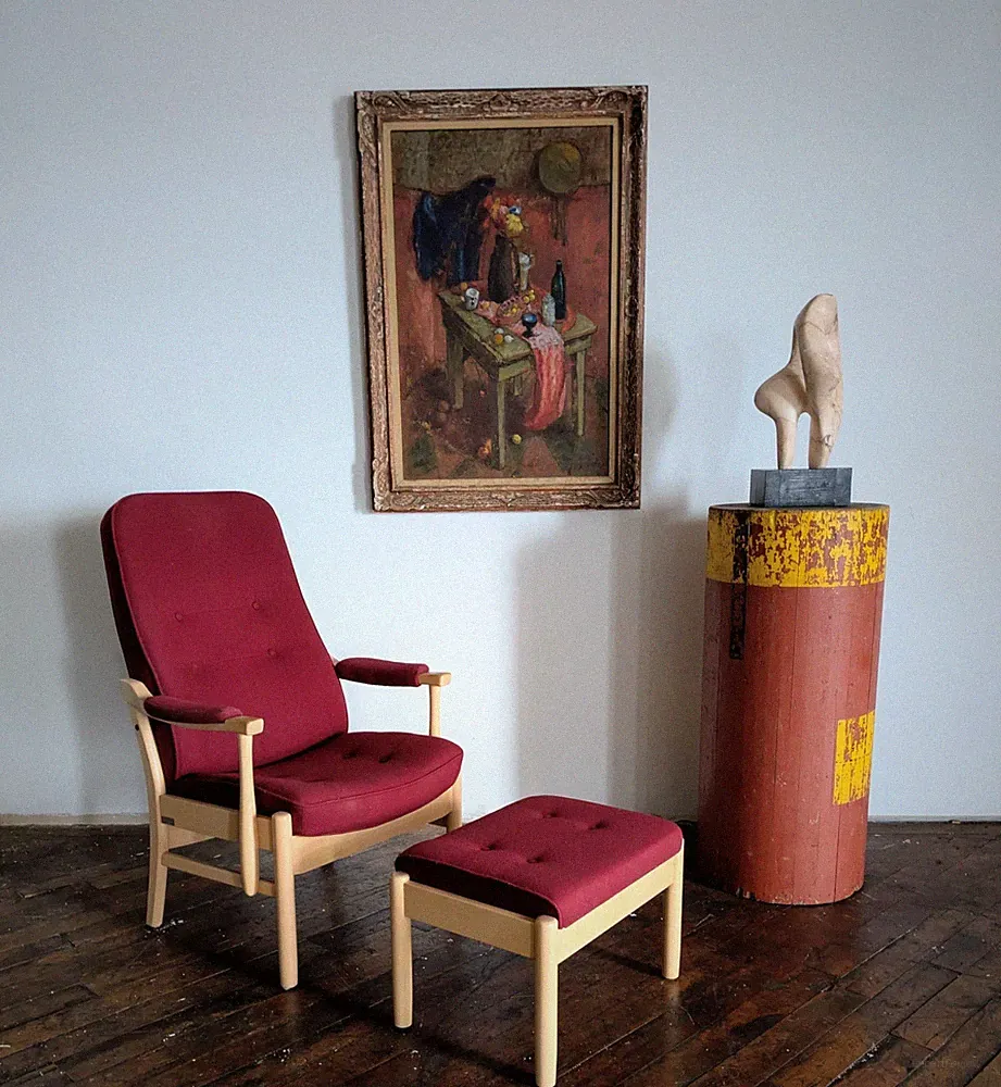 Farstrup Mobler Casa Scandinavian Beech Danish Recliner Chair Red Wool Ottoman
