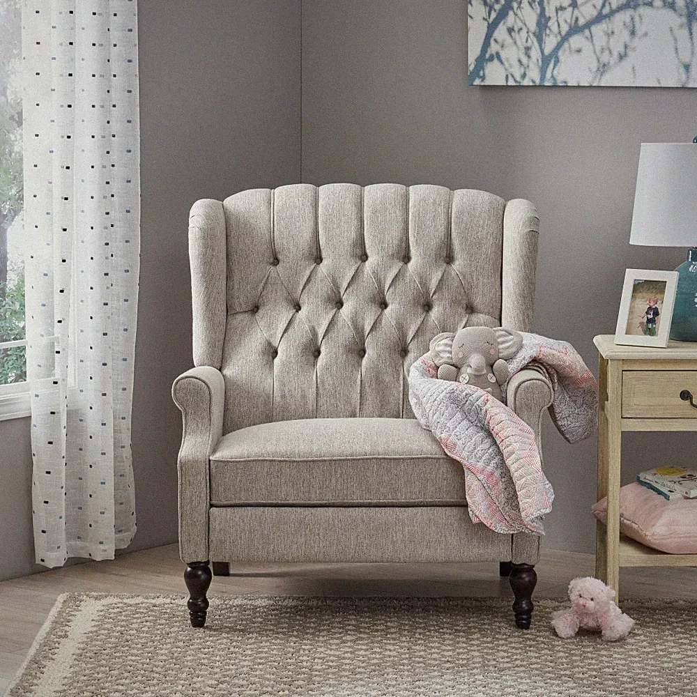 GREY Tufted Wingback Fabric Push Back Recliner - Nailhead Trim for Living Room
