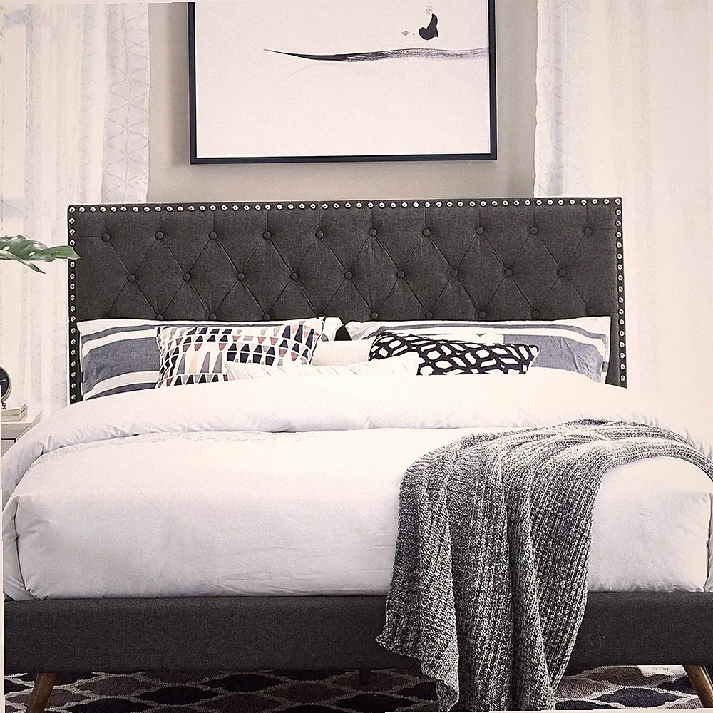 Gray Tufted Fabric Headboard with Nailhead Trim for Full/Queen Beds