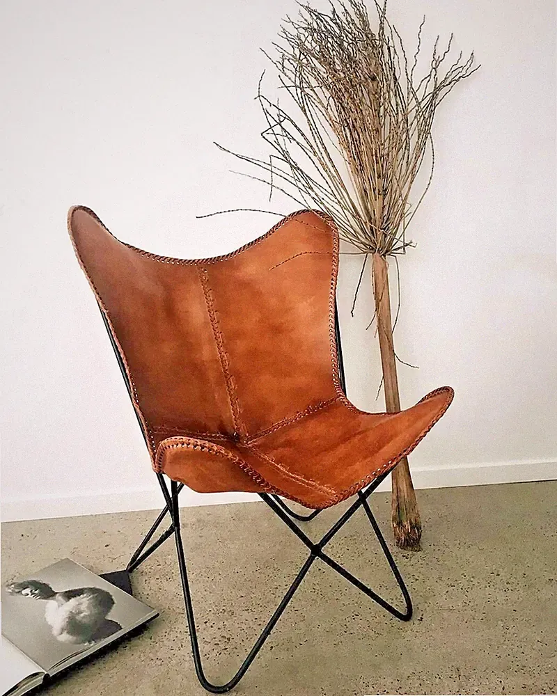 Handmade Vintage Leather Butterfly Chair Powder Coated Iron Folding Stand BKF