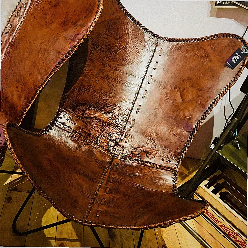 Handmade Genuine Leather Butterfly Chair Rustic Sling Lounge Chair