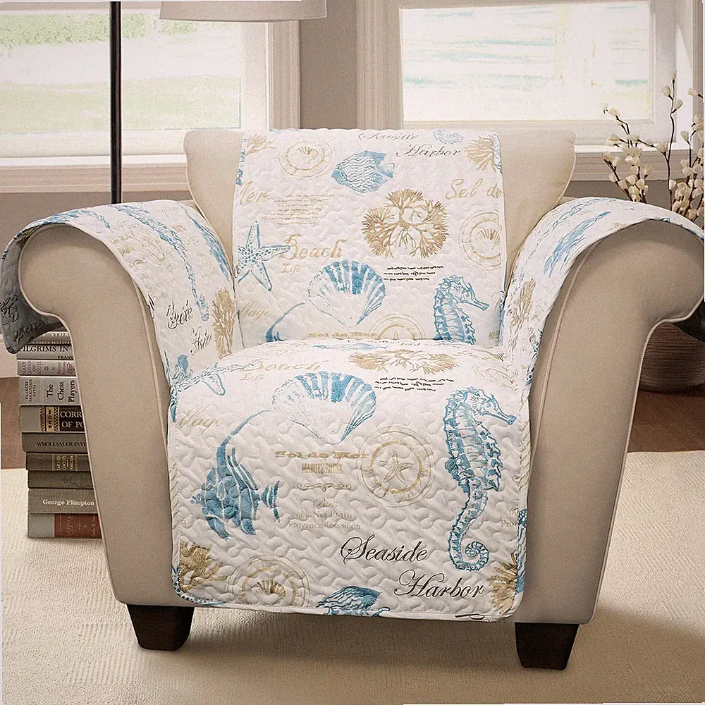 Harbor Life Furniture Protector, Arm Chair, 71" W x 75" L, Blue & Taupe - Cha...