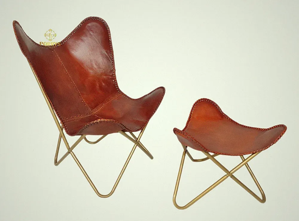 Industrial Luxury Leather Butterfly Chair Handmade Cognac Lounge Chair Retro p