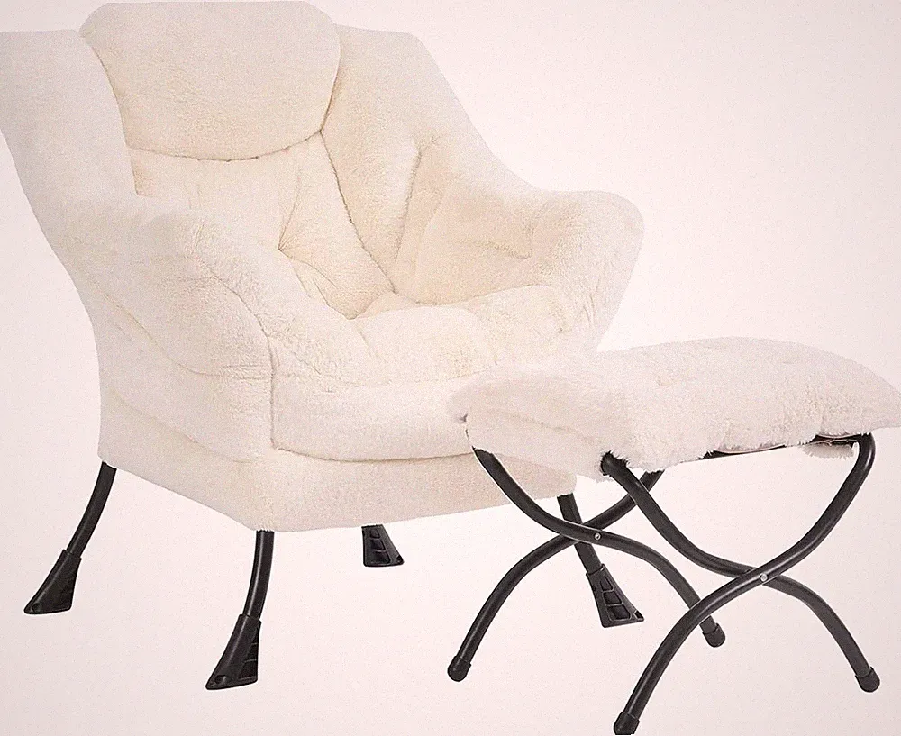 Lazy Chair and Ottoman, Large Plush Beige Contemporary Accent Chair with a Side