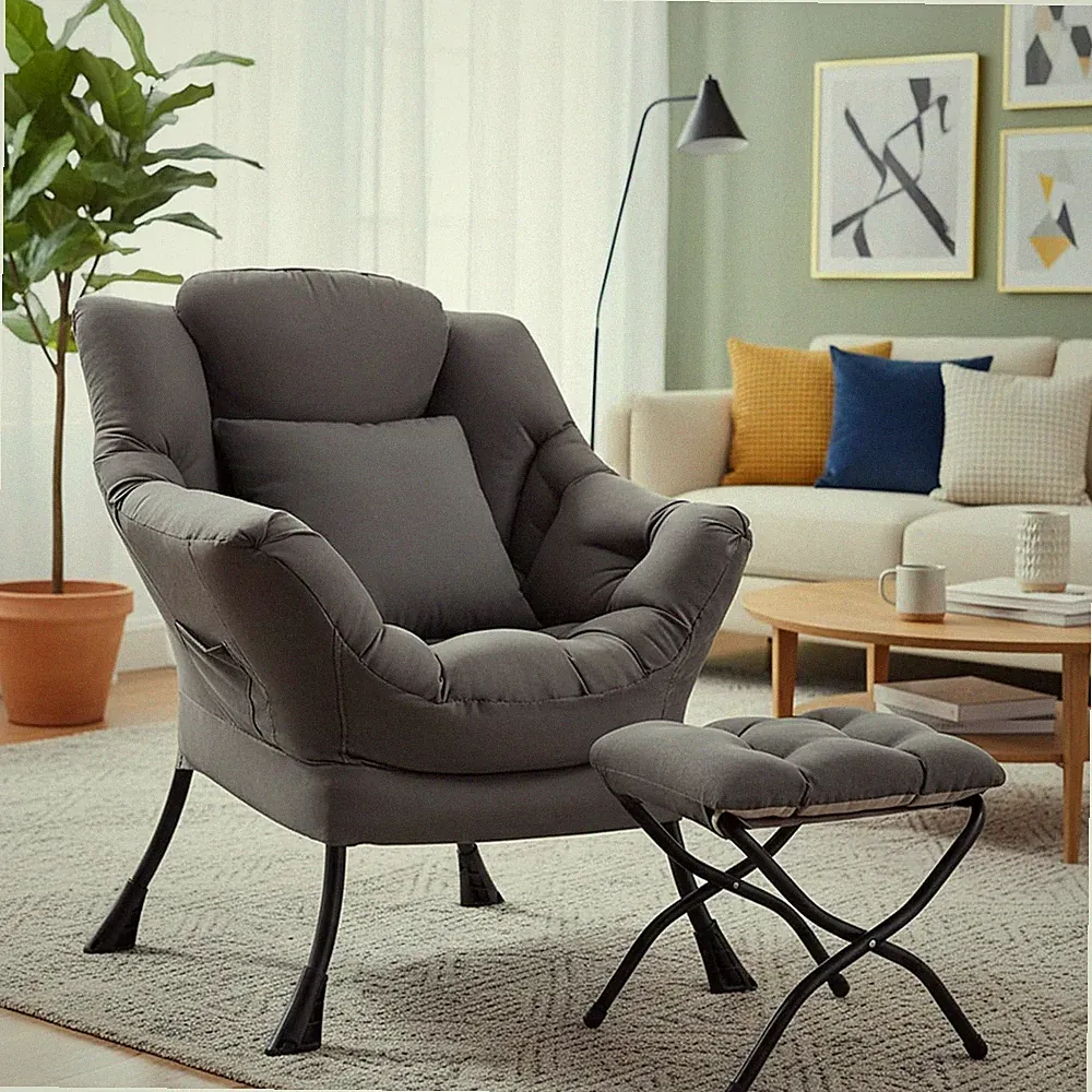 Lazy Chair with Ottoman, Large Accent Chair with Ottoman and a Throw Pillow, Dar