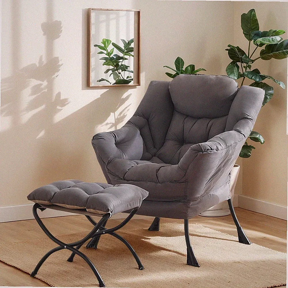 Lazy Chair with Ottoman, Large Dark Grey Accent Chair with Ottoman, Comfy Rea...