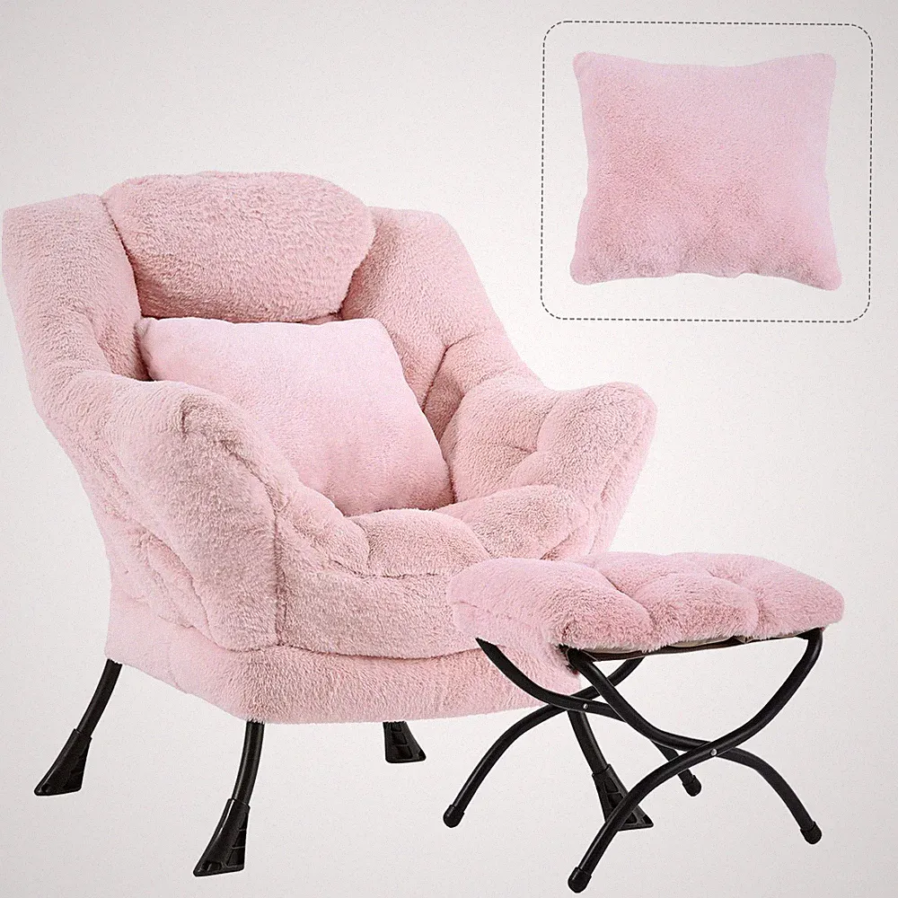 Lazy Chair with Ottoman, Large Pink Accent Chair with Ottoman and FA Throw Pi...