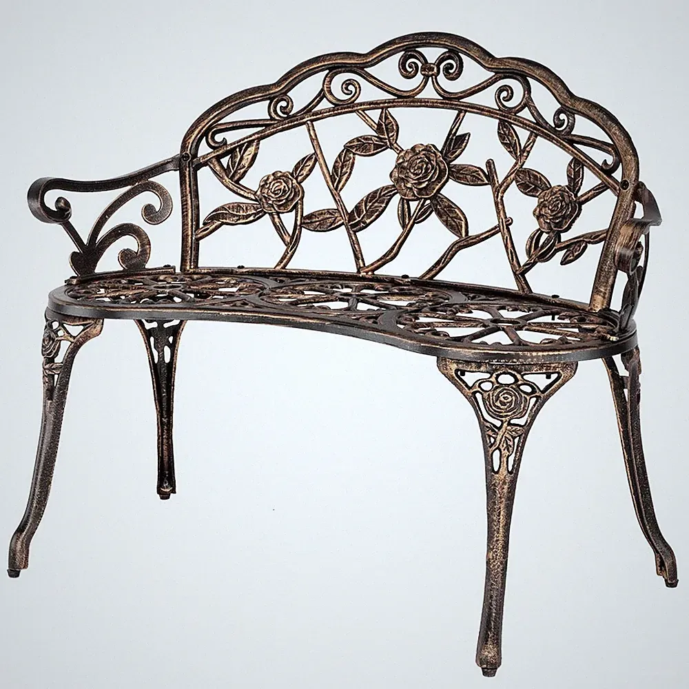 Metal Garden Bench Loveseat Outdoor Furniture for Patio with Floral Rose Accent