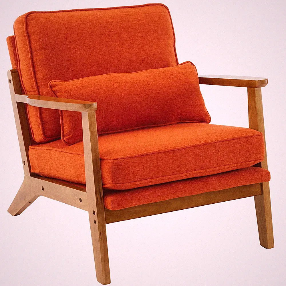 Mid Century Accent Chair Oak Armrest Single Lounge Chair with Solid Wood Frame