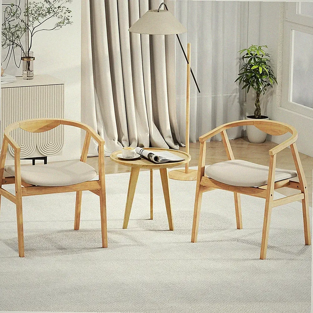 Mid Century Bamboo Accent Chair Set of 2, Beige Upholstered Lounge Chairs