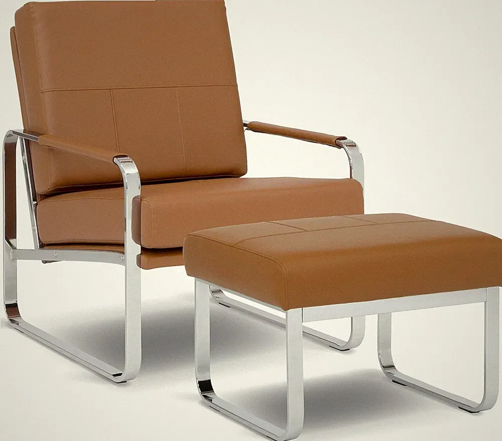 Mid-Century Modern Bonded Leather Accent Chair & Ottoman Set in Chrome/Caramel