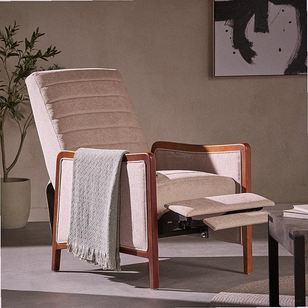 Mid Century Modern Fabric Channel Stitch Wood Pushback Recliner Accent Chair