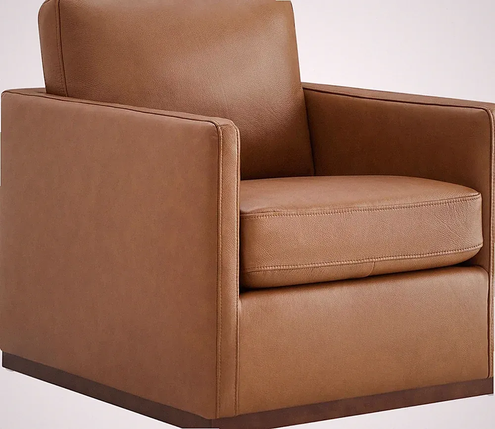 Mid Century Modern Genuine Leather Swivel Accent Chair - Fully Assembled Saddle