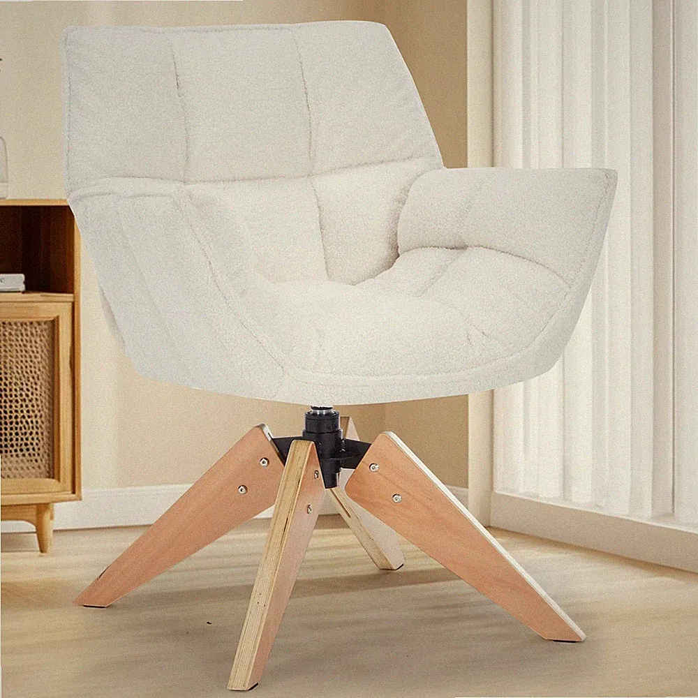 Modern Lambs Wool Accent Chair with Armrest, Sherpa Vanity Desk Chair No Whee...