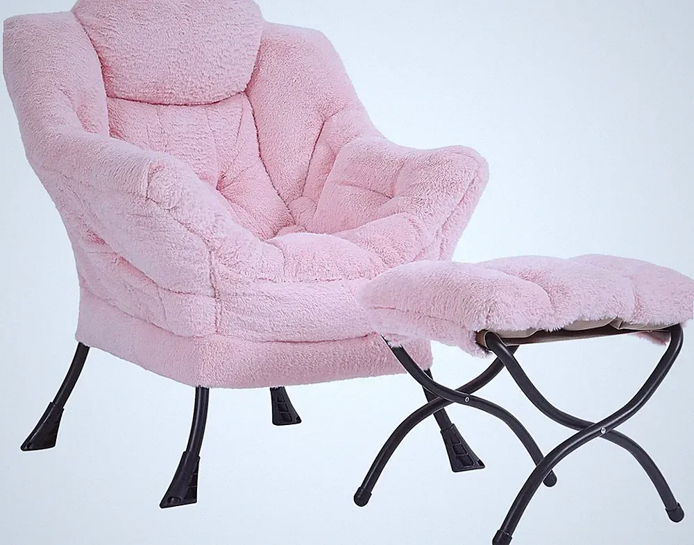 Modern Plush Lounge Chair & Ottoman with Armrests and Side Pocket