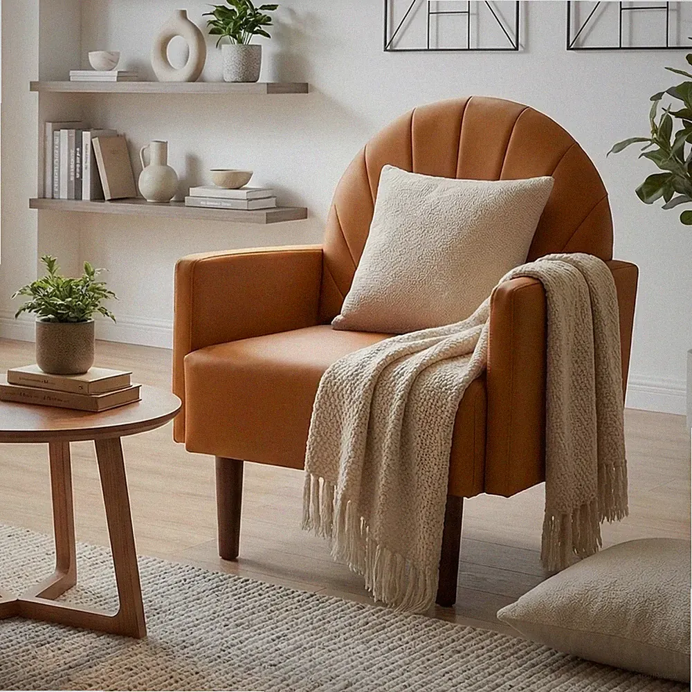 Modern PU Upholstered Accent Chair Orange Lounge Armchair with Solid Wood Legs