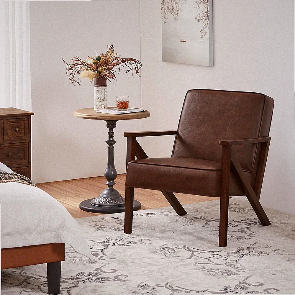 Modern Retro Accent Chair - Dark Brown PU Leather Lounge Armchair