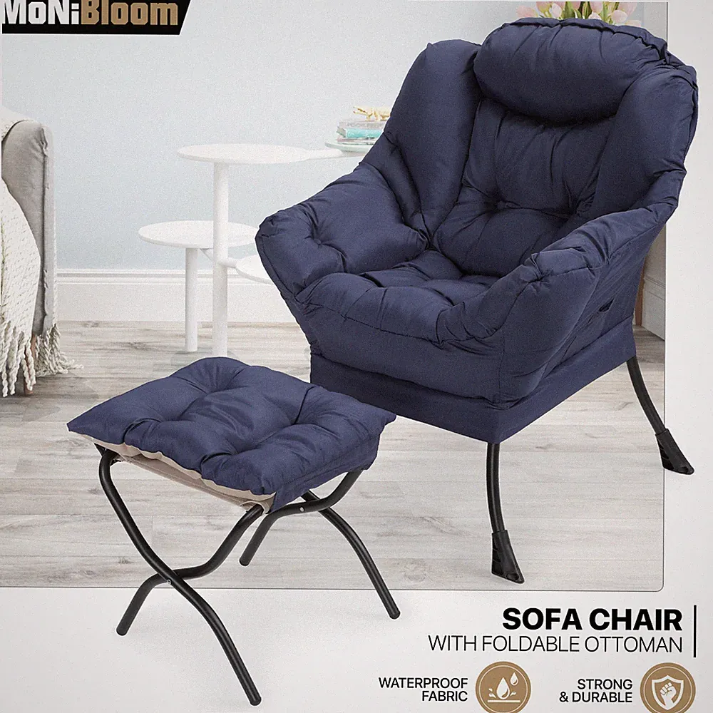 Navy Blue Lazy Chair Modern Accent Chair Upholstered Accent Armchair w/Ottoman