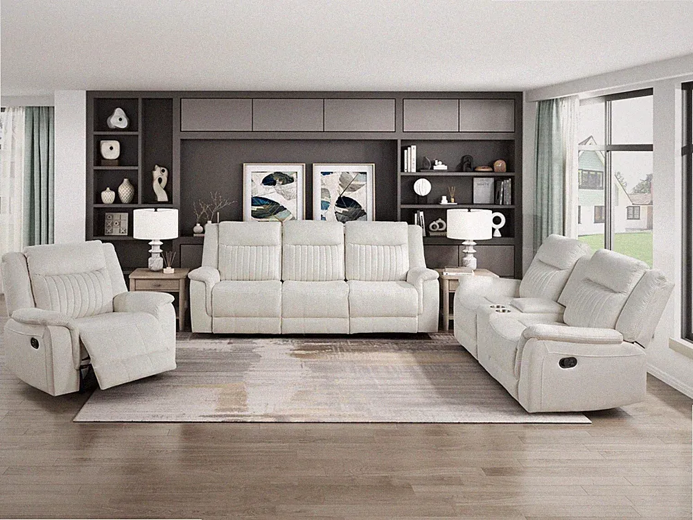 NEW 3PC Sofa Loveseat Chair Beige White Microfiber Living Room Recliner Set