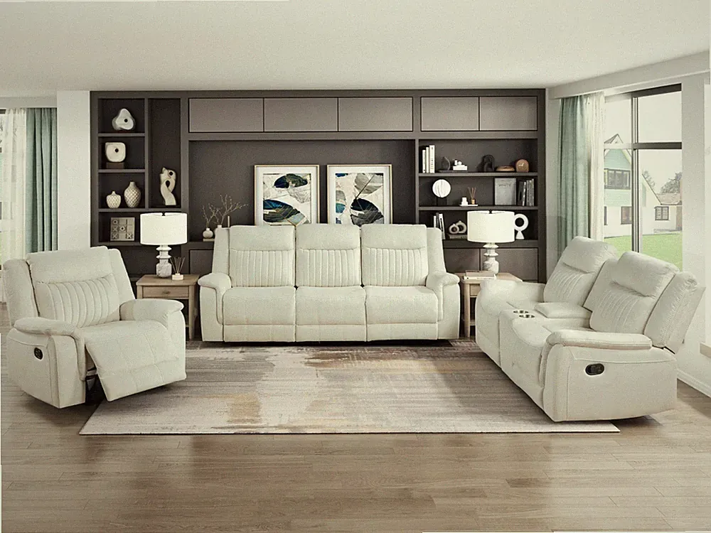 NEW Beige White 3PC Sofa Loveseat Chair Recliner Set Microfiber Living Room Set