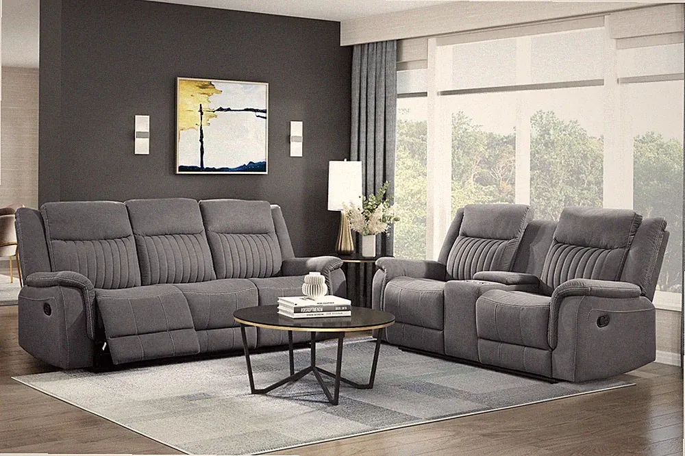 NEW Gray 2PC Sofa Loveseat Recliner Set Polished Microfiber Living Room Set