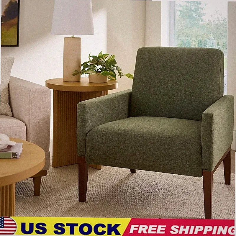 Olive Accent Chair W/ Push Back Recliner Dark Wood Legs Modern Living Room New