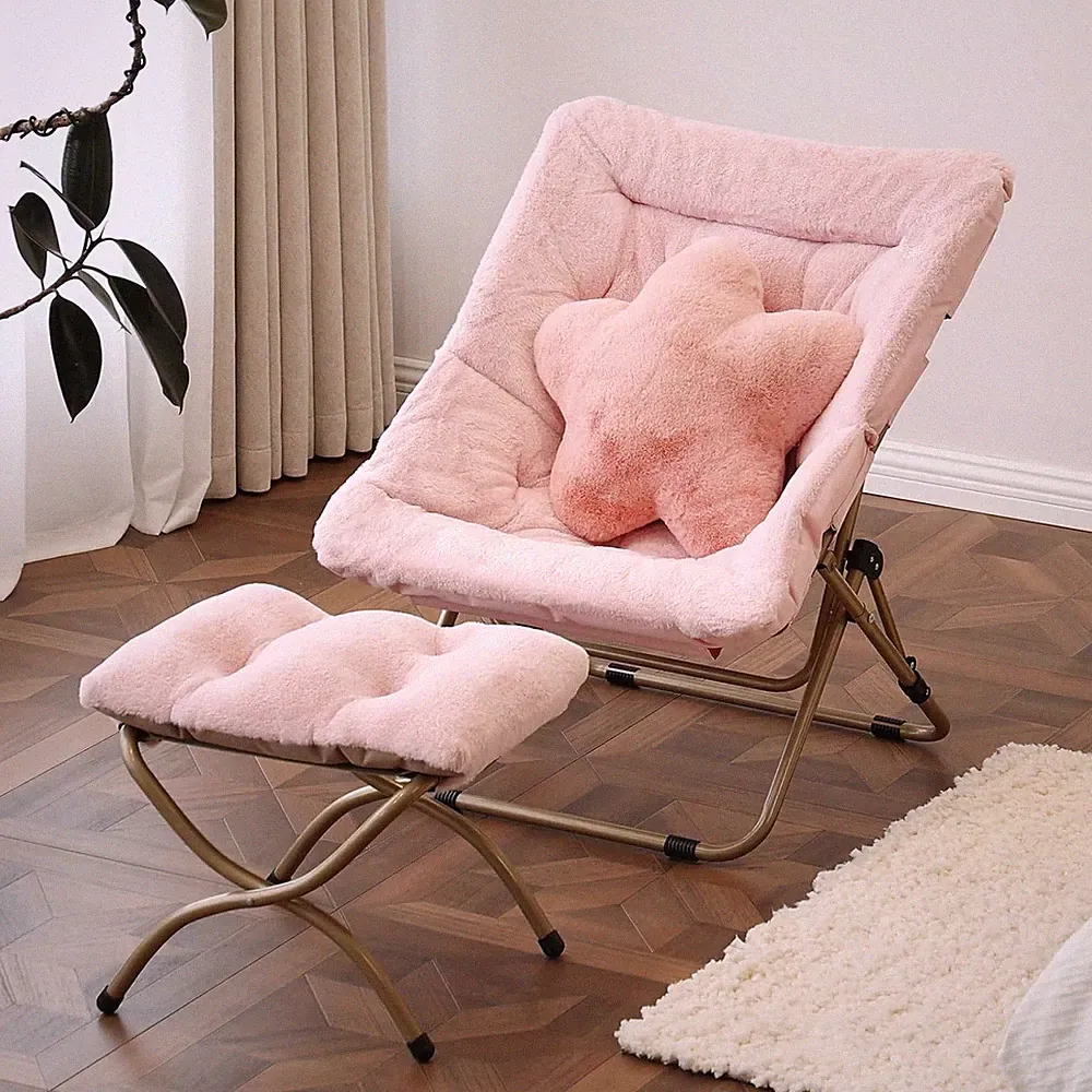 Oversized Pink Faux Fur Lounge Chair with Ottoman & Pillow for Cozy Relaxation