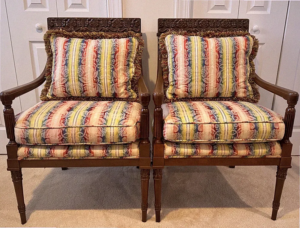 Pair Vintage Baker Furniture Louis XVI Style "Tropical" Lounge Chairs w/Carvings