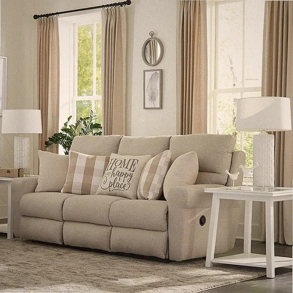 Pemberly Row Flat Reclining Sofa in Beige Fabric with Accent Pillows