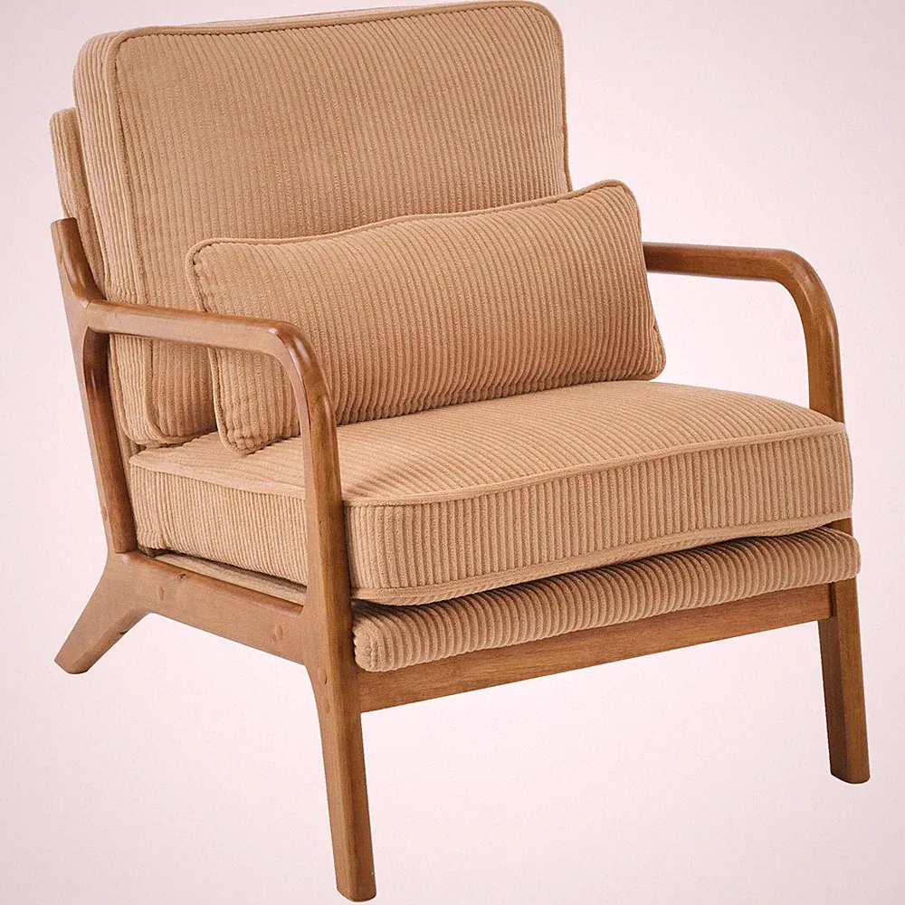 Premium Corduroy Mid Century Modern Accent Chair with Lumbar Pillow & Oak Arms