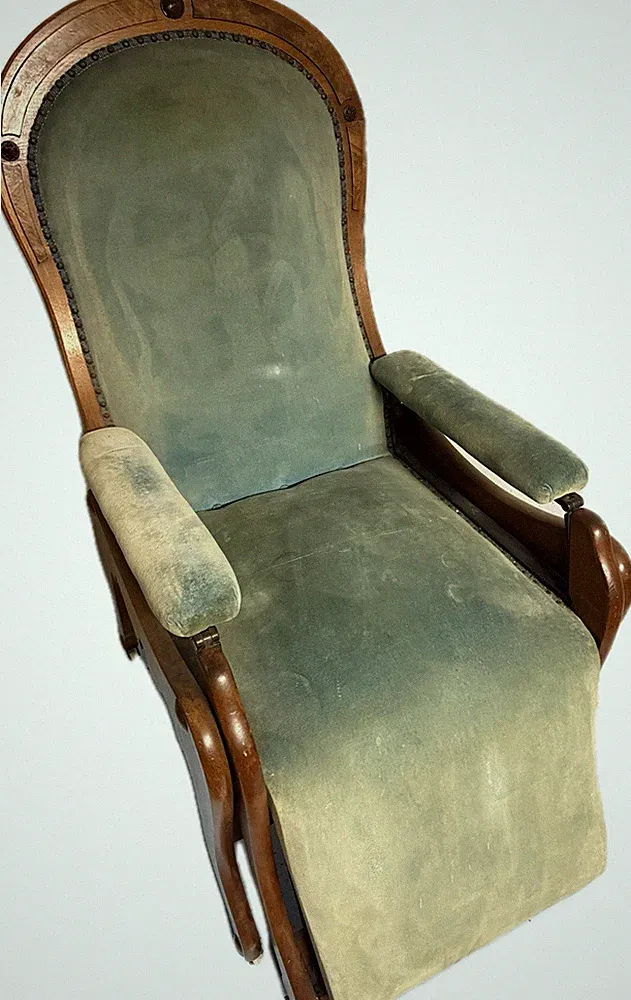 Rare Victorian 1877 Recliner Chair Teal Fabric Wood Framed Cast W/ Cast Iron