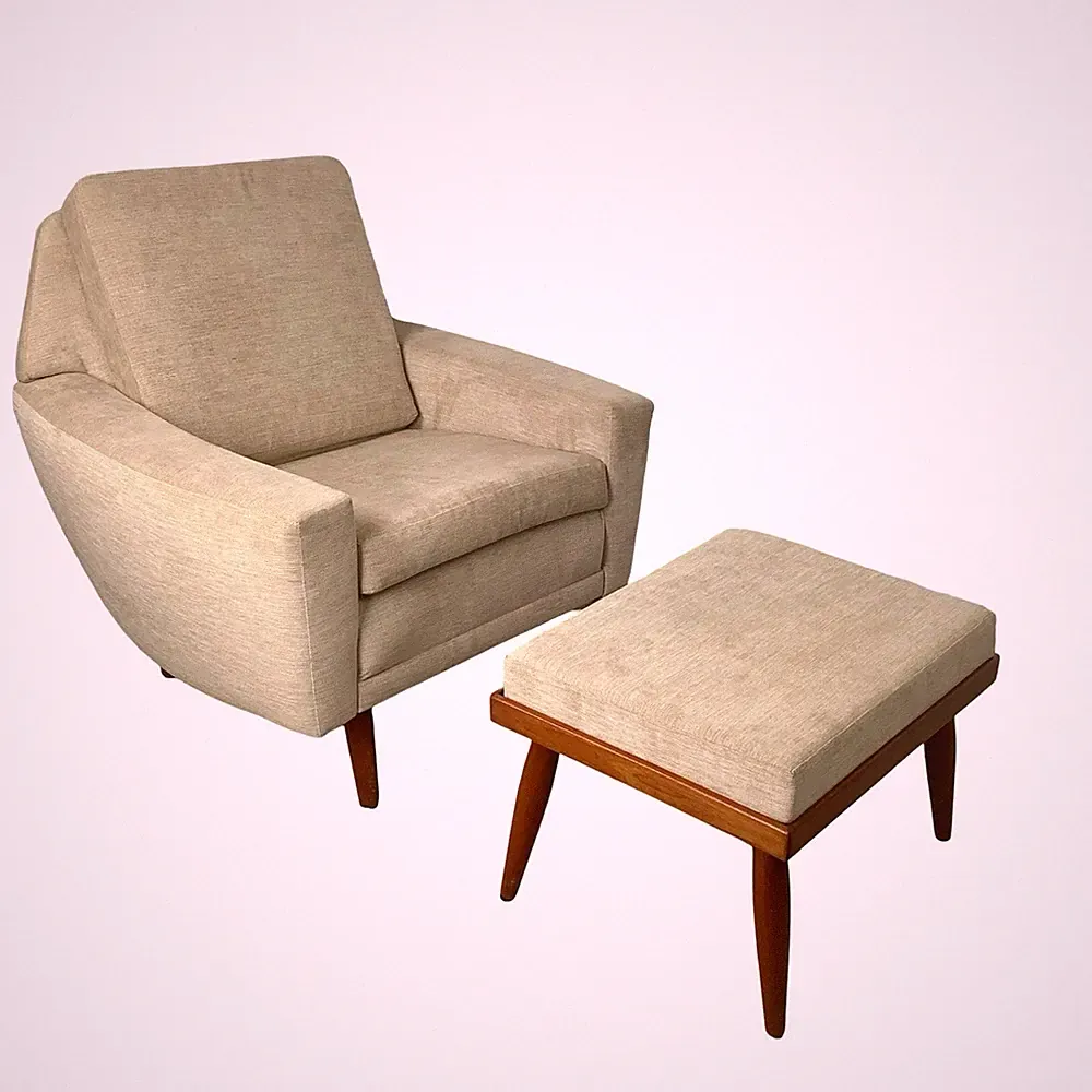 Scandinavian Modern Lounge Chair with Ottoman, Faceted Back