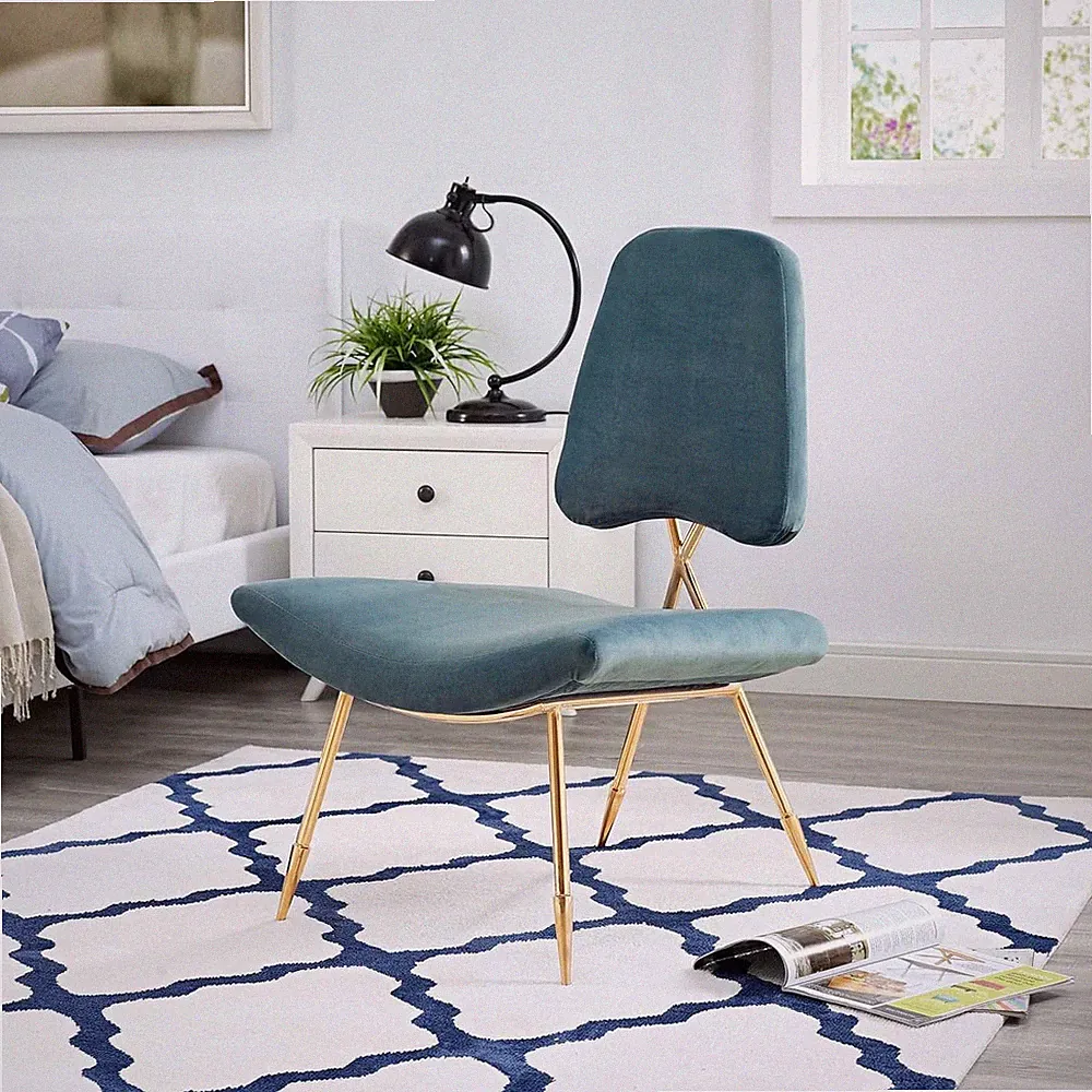 Sea Blue Velvet Lounge Chair with Gold Stainless Steel Legs
