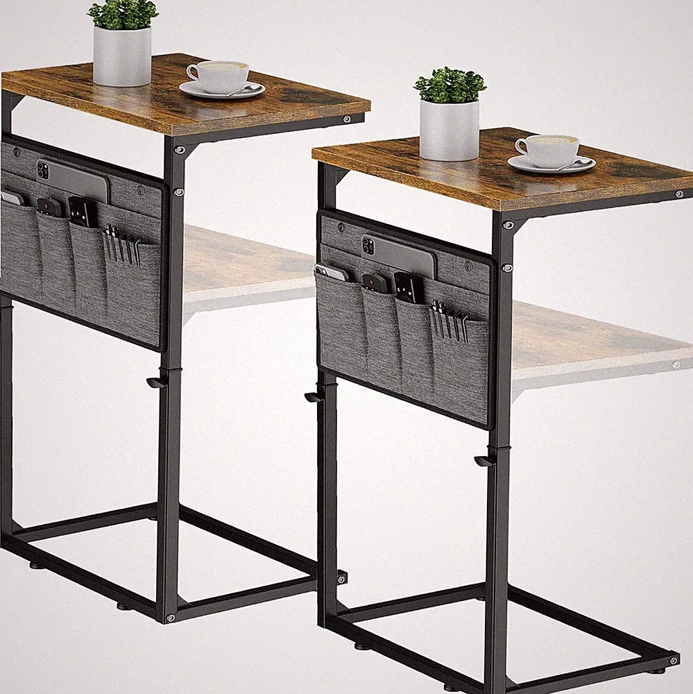 Set of 2 C Shaped Adjustable End Tables for Small Spaces - Brown