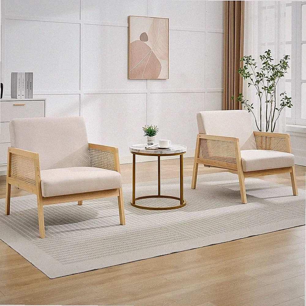 Set of 2 Mid Century Accent Armchairs – Upholstered Linen Lounge Chairs