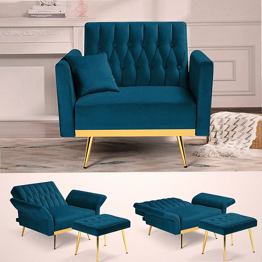 Teal Velvet Recliner Chair with Ottoman, Adjustable Backrest & Golden Legs
