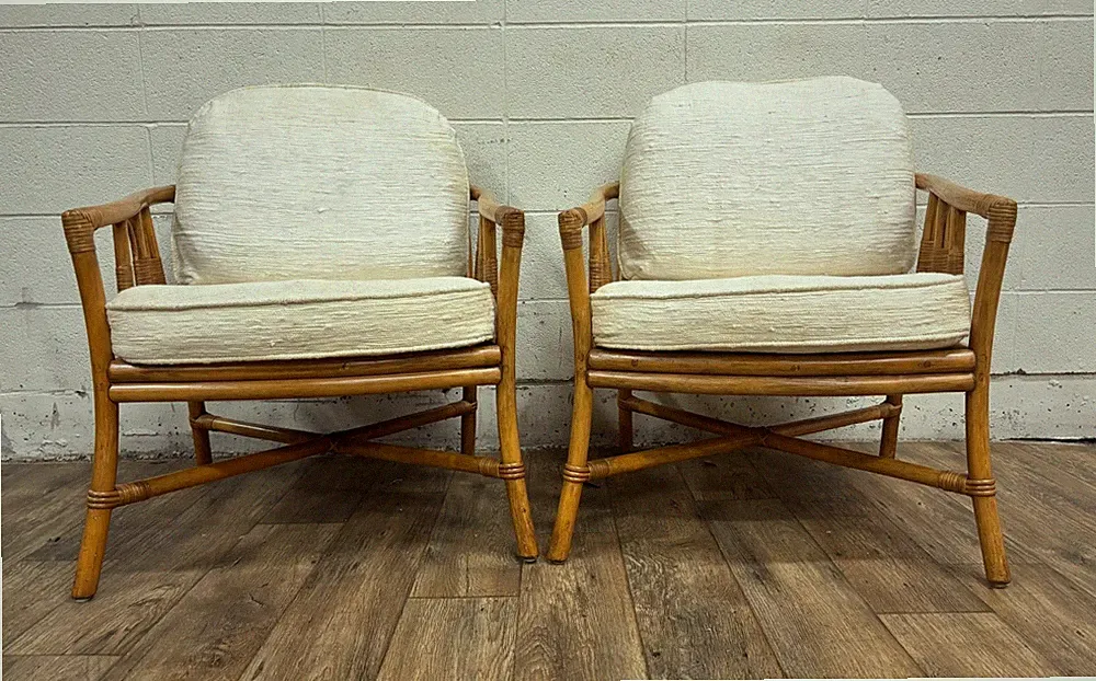 Vintage Ficks Reed Coastal Island Boho Style Organic Rattan Bamboo Lounge Chairs