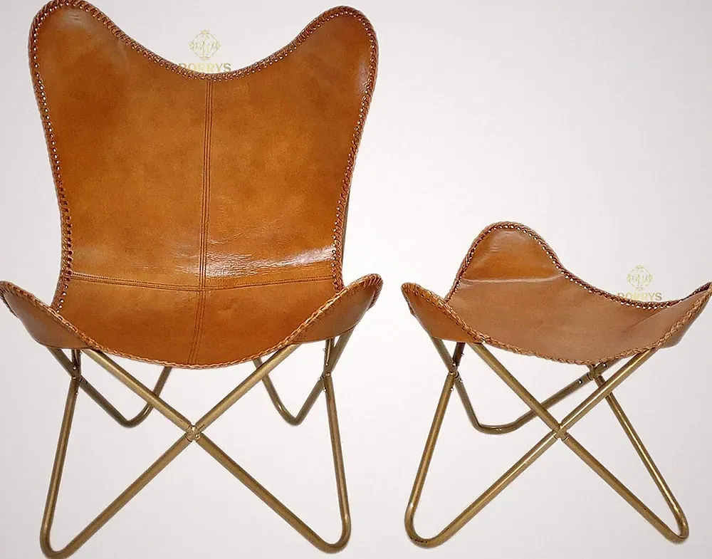 Vintage Leather Butterfly Lounge Chair Folding with Footstool Rustic Accent Plw