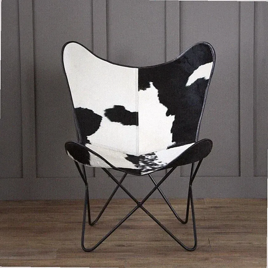 Western Vintage Lounge Accent Chair Cowhide Leather Butterfly Chair Classic