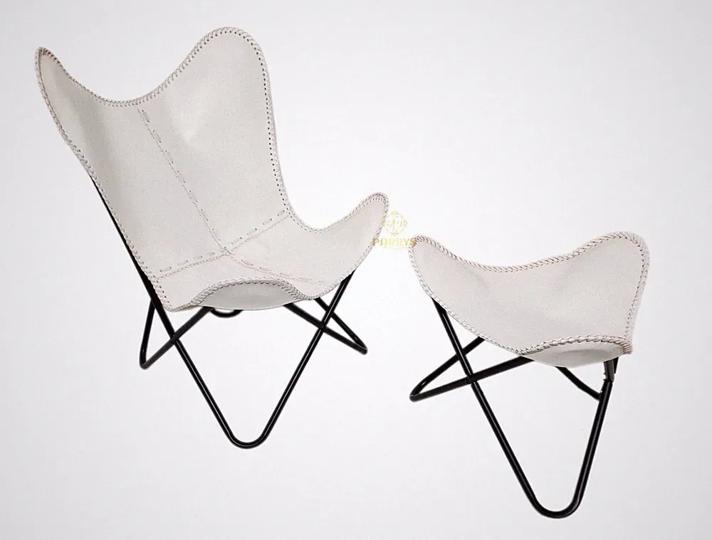 White Genuine Leather Butterfly Chair with Ottoman Handmade Folding Lounge Chair